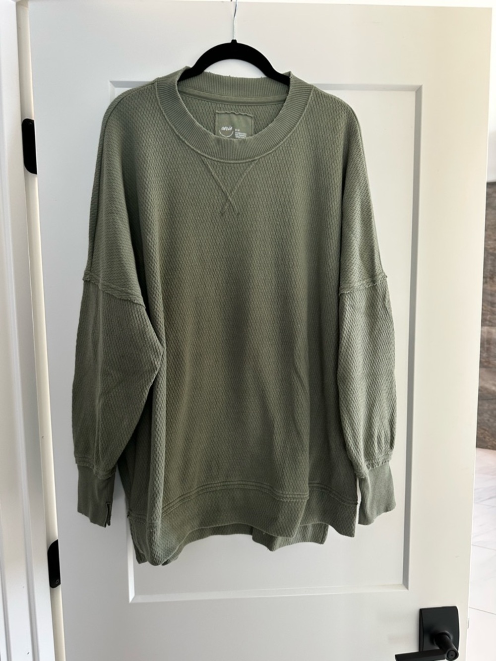 aerie Olive Crewneck Waffle Knit Sweater